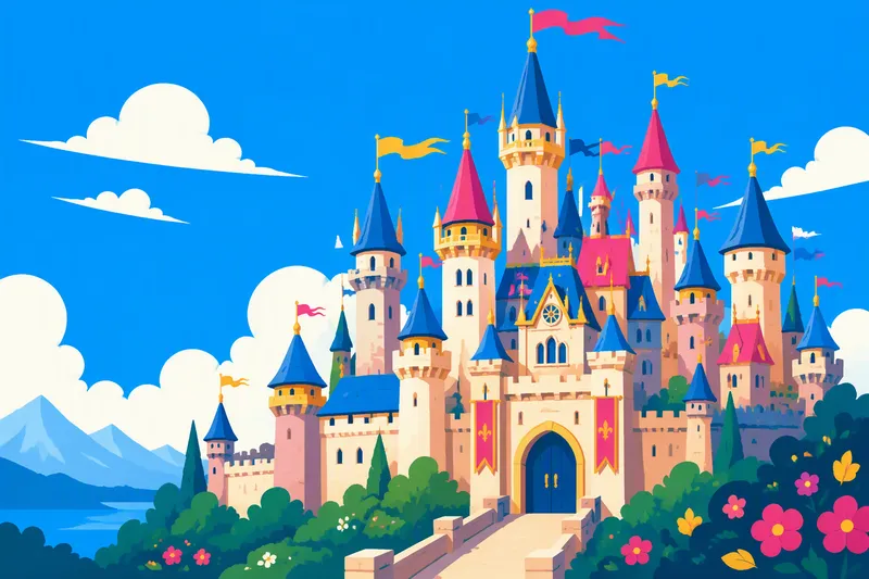 Disneylandin satumainen linna sinistä taivasta vasten Disneylandin satumainen linna sinistä taivasta vasten