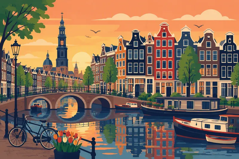 Amsterdamin kanavia ja historiallisia rakennuksia iltavalaistuksessa