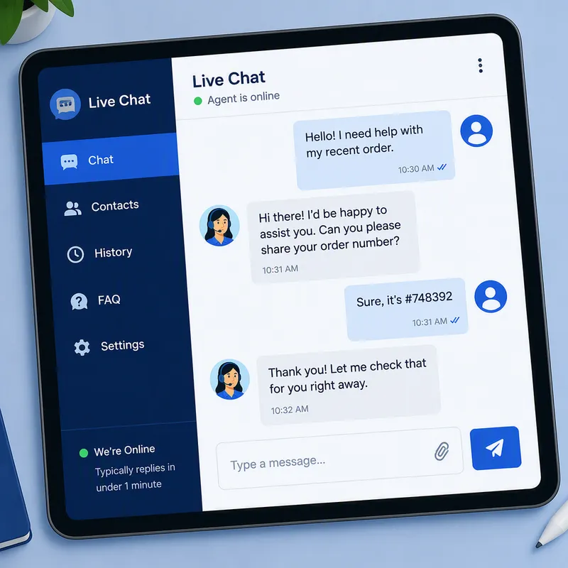 Digitaalinen tabletti näyttämässä chat-yhteydenottoa asiakaspalveluun Digitaalinen tabletti näyttämässä chat-yhteydenottoa asiakaspalveluun