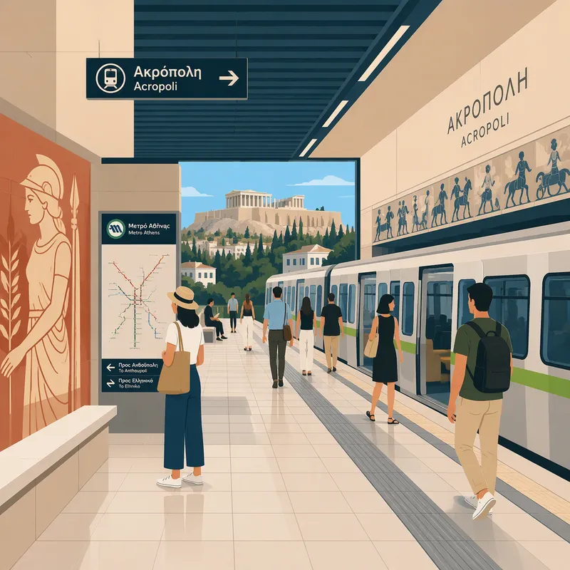 Ateenan metrolaituri ja matkustajia Ateenan metrolaituri ja matkustajia