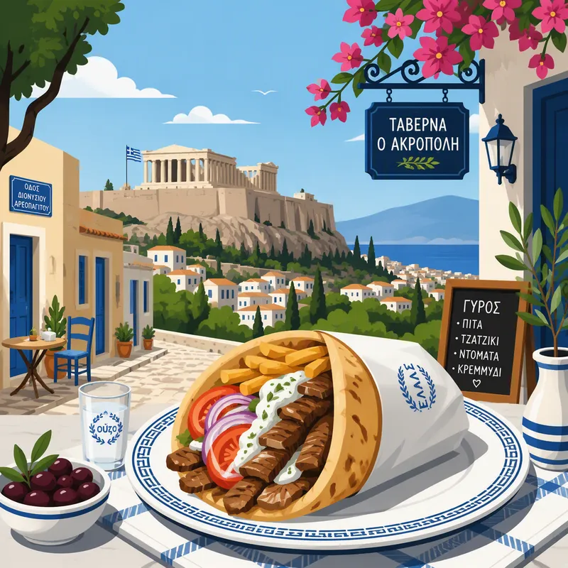 Kreikkalainen gyros-annos lautasella Kreikkalainen gyros-annos lautasella