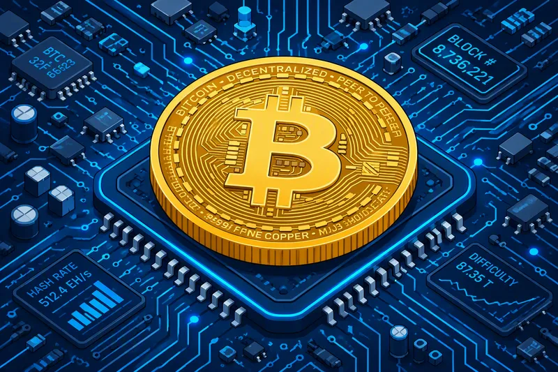 Kultainen bitcoin-kolikko piirilevyllä Kultainen bitcoin-kolikko piirilevyllä