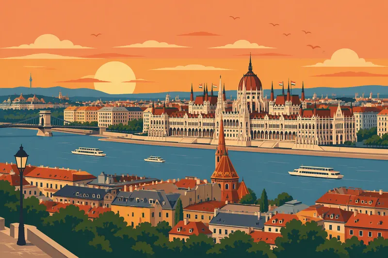 Budapestin parlamenttitalo ja Tonava auringonlaskussa Budapestin parlamenttitalo ja Tonava auringonlaskussa