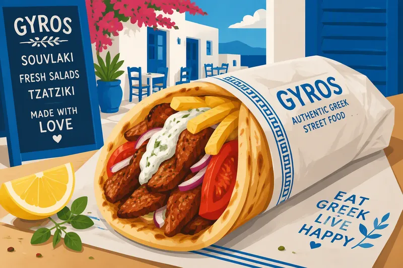 Perinteinen kreikkalainen gyros-katuruoka Perinteinen kreikkalainen gyros-katuruoka