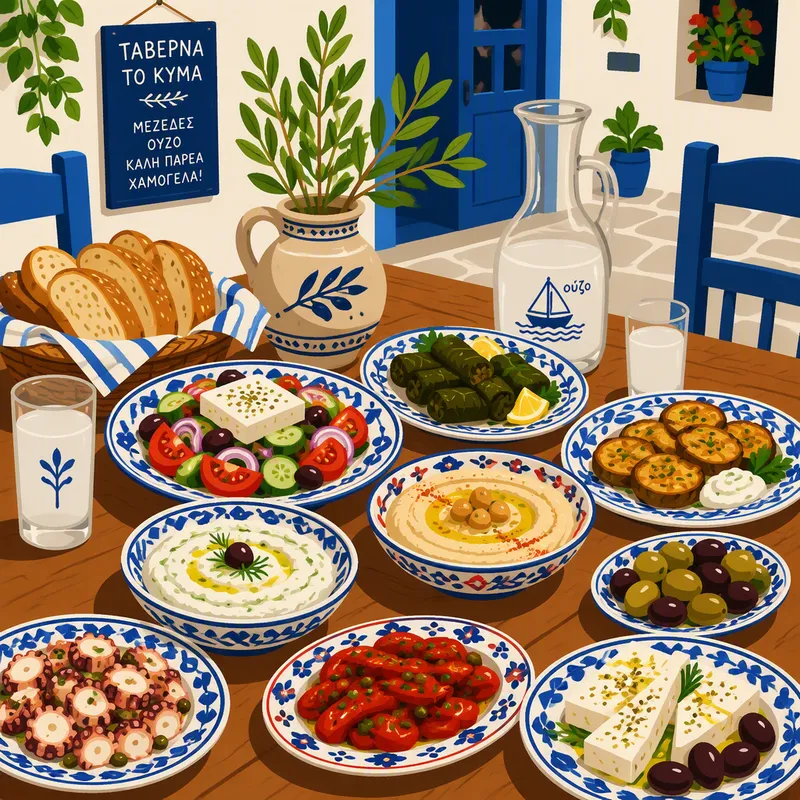 Perinteisen tavernan pöytä täynnä meze-annoksia Perinteisen tavernan pöytä täynnä meze-annoksia