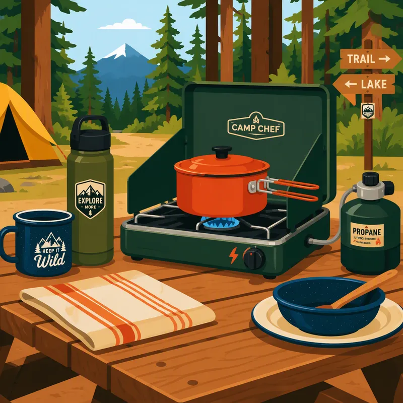 Retkieväät ja retkikeitin puupöydällä metsäisellä camping-alueella