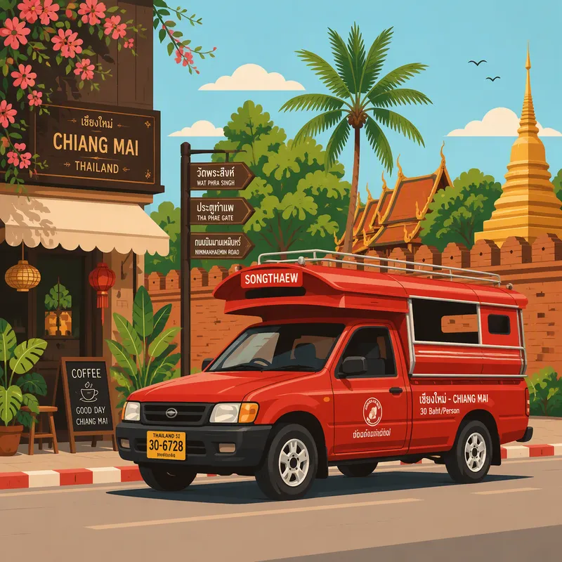 Punainen songthaew-taksi Chiang Main kadulla