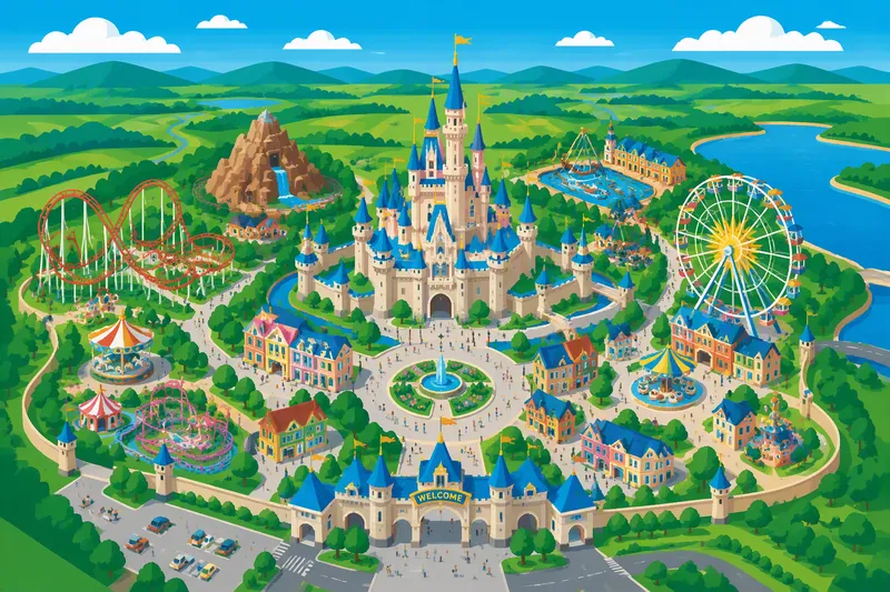 Disneylandin alue ja satulinna ylhäältä päin kuvattuna Disneylandin alue ja satulinna ylhäältä päin kuvattuna