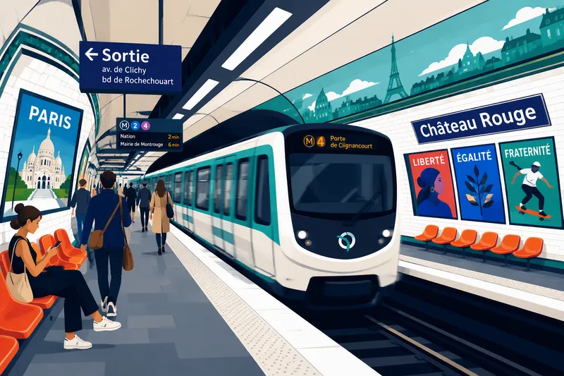 Pariisin metrojuna saapumassa modernille asemalle Pariisin metrojuna saapumassa modernille asemalle