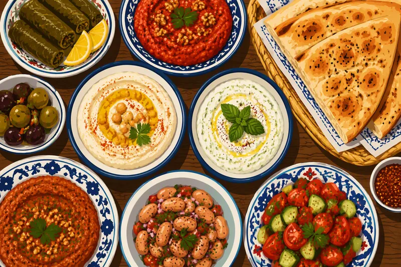 Perinteisiä turkkilaisia meze-annoksia ja leipää pöydässä
