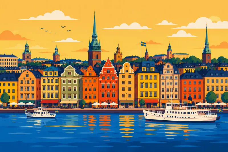 Värikkäitä historiallisia rakennuksia Tukholman rannassa Värikkäitä historiallisia rakennuksia Tukholman rannassa