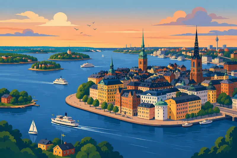 Tukholman historiallinen keskusta ja saaristo iltavalossa