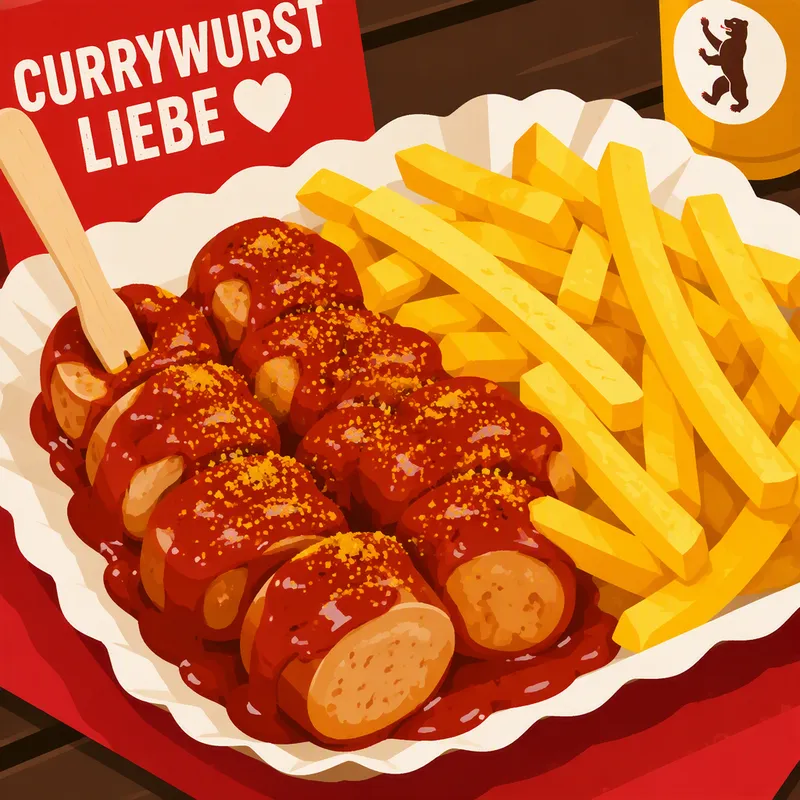 Perinteinen saksalainen currywurst ranskalaisilla Perinteinen saksalainen currywurst ranskalaisilla