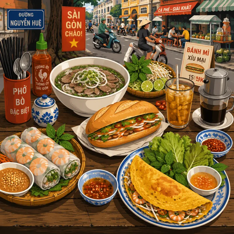 Vietnamilaisia katuruoka-annoksia tarjolla pöydässä Vietnamilaisia katuruoka-annoksia tarjolla pöydässä