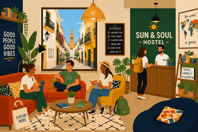 Moderni ja viihtyisä hostellin oleskelutila Espanjassa