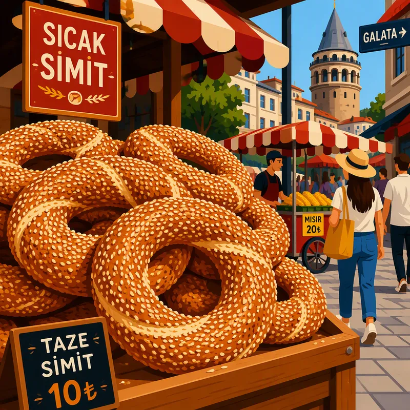 Seesaminsiemenillä päällystettyjä perinteisiä simit-rinkeleitä myyntikojussa