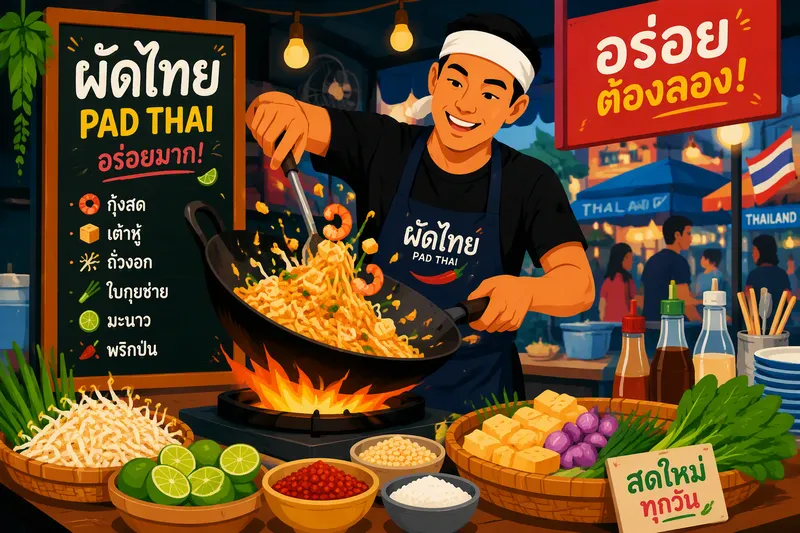 Thaimaalainen katukeittiö koju täynnä tuoreita raaka-aineita Thaimaalainen katukeittiö koju täynnä tuoreita raaka-aineita
