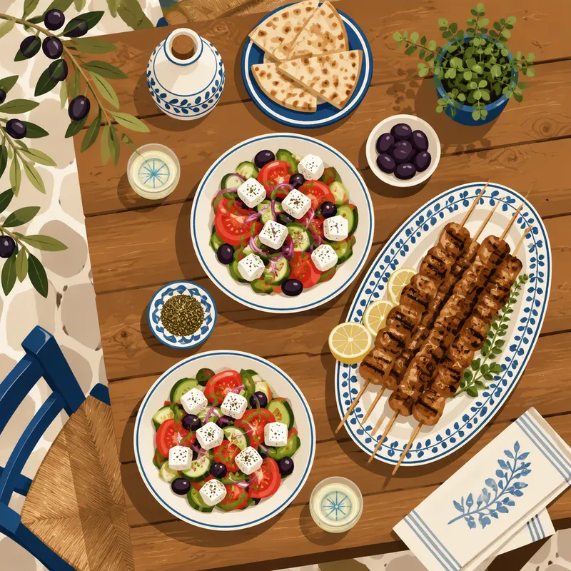 Tuore kreikkalainen salaatti ja grillattua lihaa pöydällä