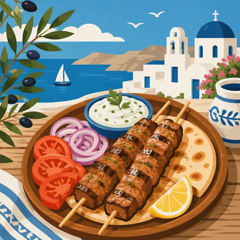 Perinteistä kreikkalaista souvlakia tarjoilulautasella