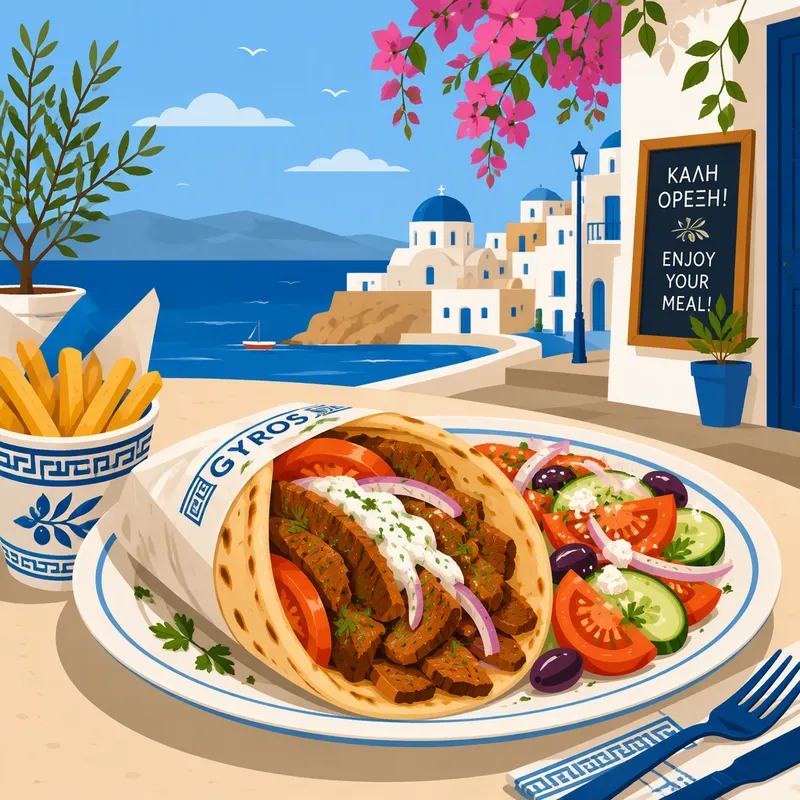 Perinteinen kreikkalainen gyros-annos lautasella