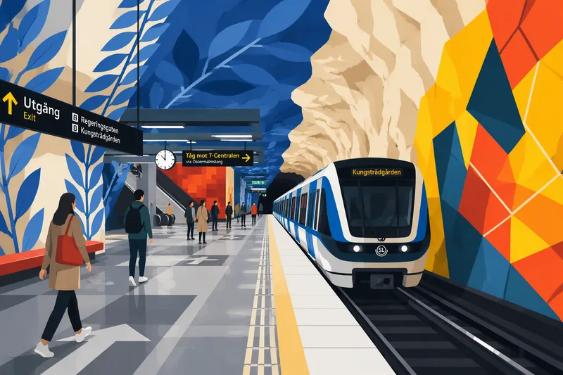Moderni metrojuna saapumassa Tukholman maanalaiselle asemalle Moderni metrojuna saapumassa Tukholman maanalaiselle asemalle