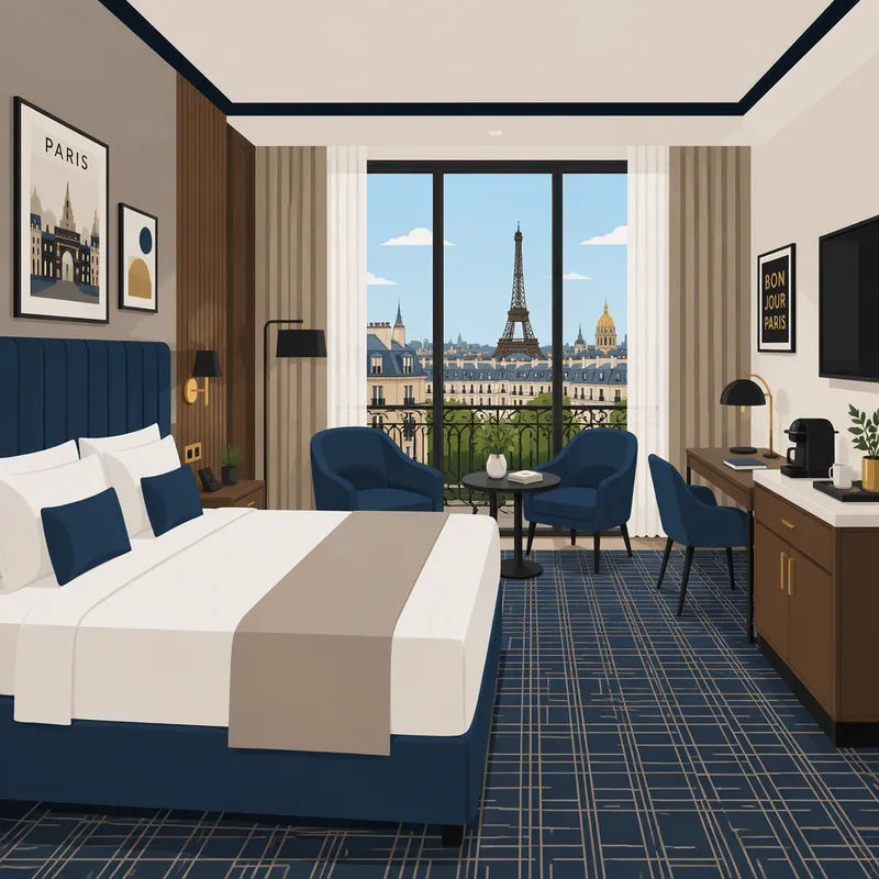 Moderni hotellihuone pehmeässä valaistuksessa Moderni hotellihuone pehmeässä valaistuksessa