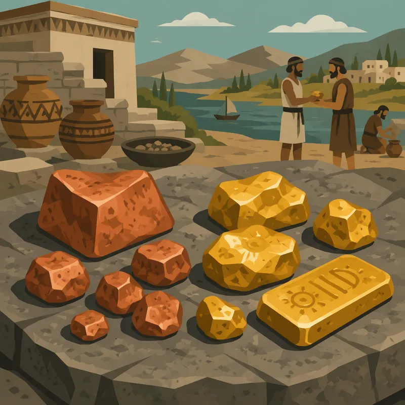 Kiillotettuja metalleja ja mineraaleja aseteltuna esihistorialliseen vaihtoon