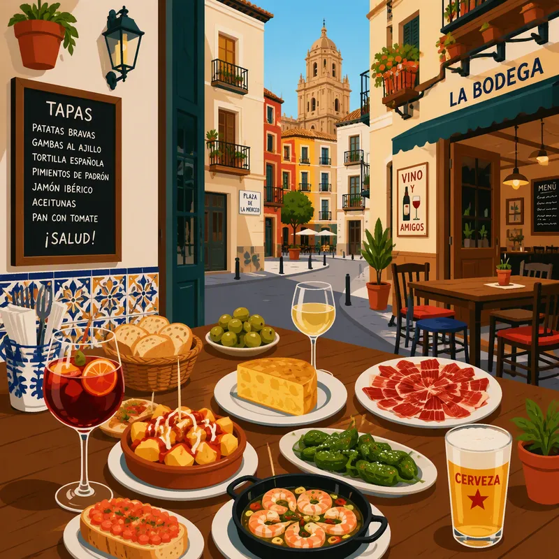 Espanjalaisia tapaksia ja juomia tarjolla ravintolassa Espanjalaisia tapaksia ja juomia tarjolla ravintolassa