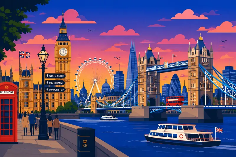 Lontoon horisontti Thames-joen yllä hämärän aikaan