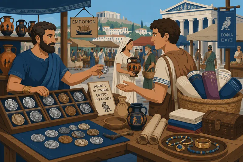 Historiallisia kolikoita ja vaihtokaupan välineitä torilla Historiallisia kolikoita ja vaihtokaupan välineitä torilla