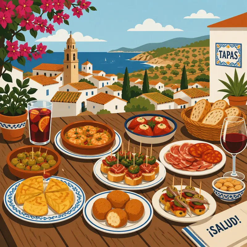 Erilaisia espanjalaisia tapaksia puupöydällä Erilaisia espanjalaisia tapaksia puupöydällä