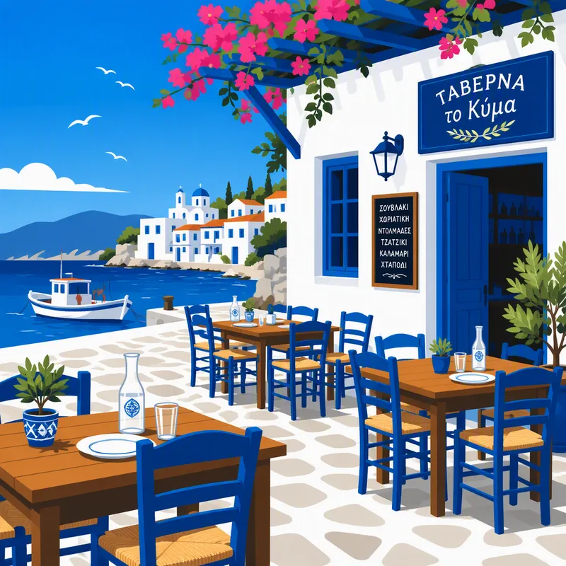 Perinteinen kreikkalainen taverna meren rannalla Perinteinen kreikkalainen taverna meren rannalla