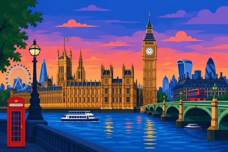 Lontoon horisontti Thames-joen rannalla hämärässä