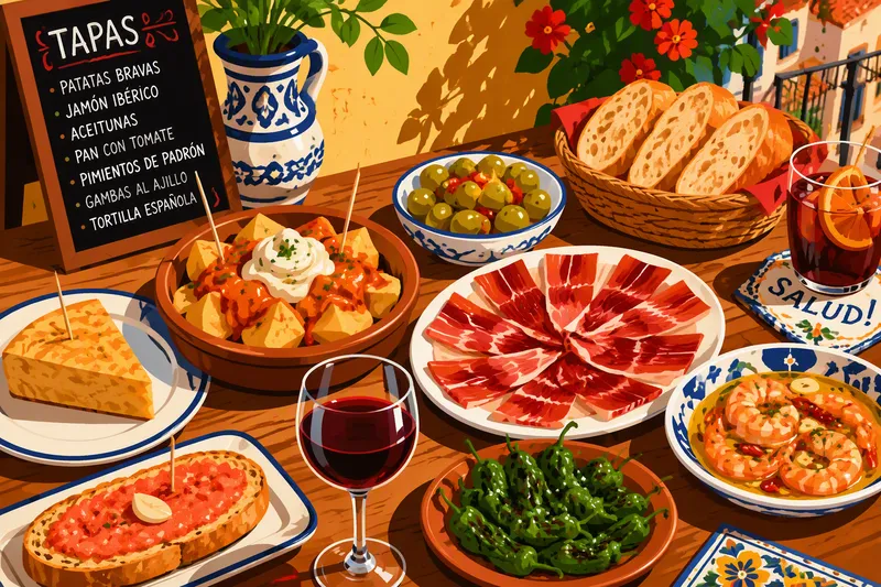 Espanjalaisia tapaksia puupöydällä Espanjalaisia tapaksia puupöydällä