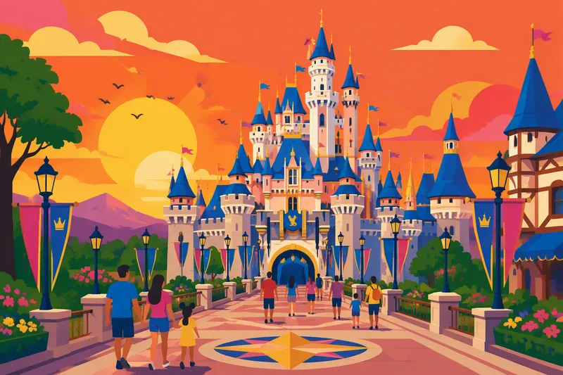 Disneyland-puiston satulinna auringonlaskun aikaan