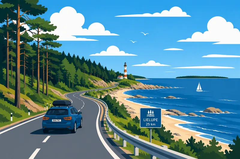 Autolla matkustaminen metsäisellä tiellä kohti Latviaa Autolla matkustaminen metsäisellä tiellä kohti Latviaa