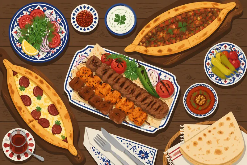 Turkkilaisia ruoka-annoksia ja pide-leipää pöydässä