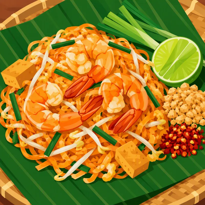 Perinteinen Pad Thai -annos banaaninlehdellä tarjoiltuna Perinteinen Pad Thai -annos banaaninlehdellä tarjoiltuna