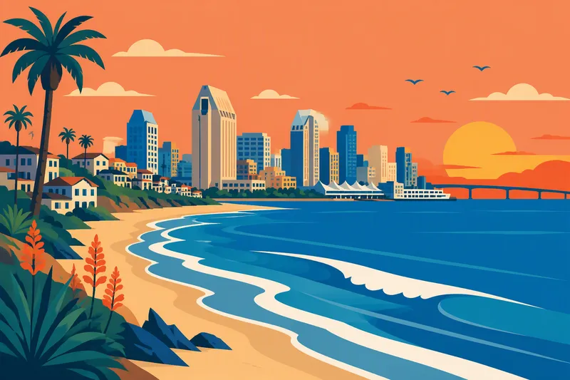 San Diegon rannikko ja hiekkaranta auringonlaskun aikaan San Diegon rannikko ja hiekkaranta auringonlaskun aikaan