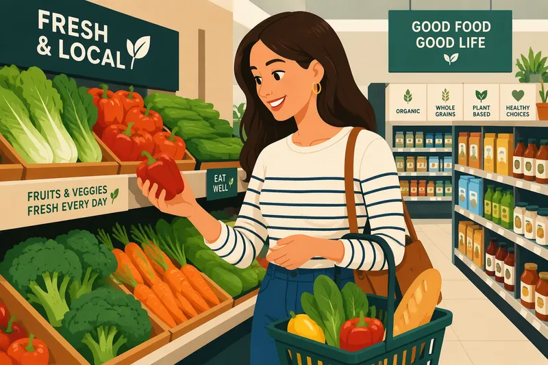 Supermarketin hyllyt täynnä tuoreita elintarvikkeita