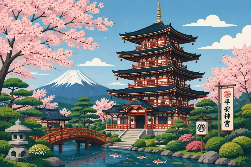 Perinteinen japanilainen temppeli kirsikkapuiden katveessa